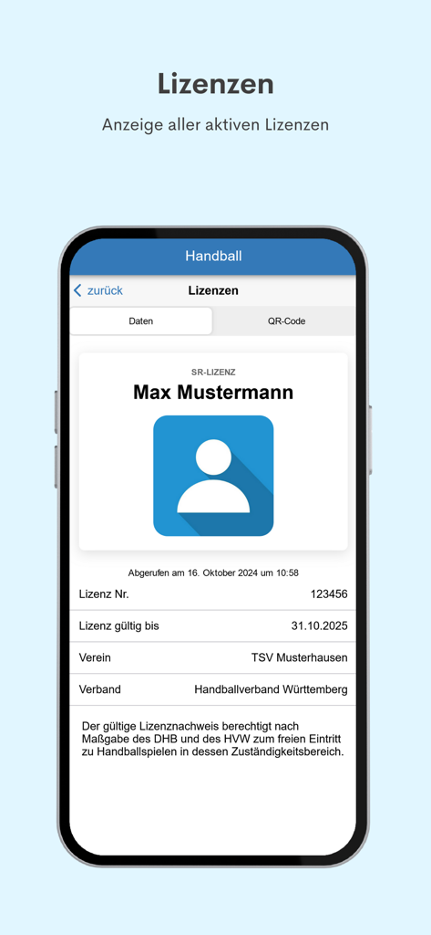H4A App - Digital license display for Max Mustermann in the H4A handball app.