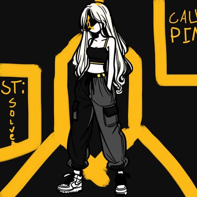 girl in baggy pants crop top and long hair