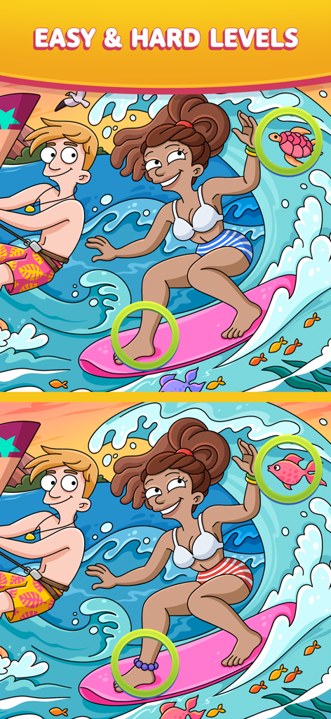 Find Easy - Hidden Differences - 2つの似たようなサーフィンのイラストが登場する間違い探しパズル、漫画のようなスタイルで違いに円が描かれている