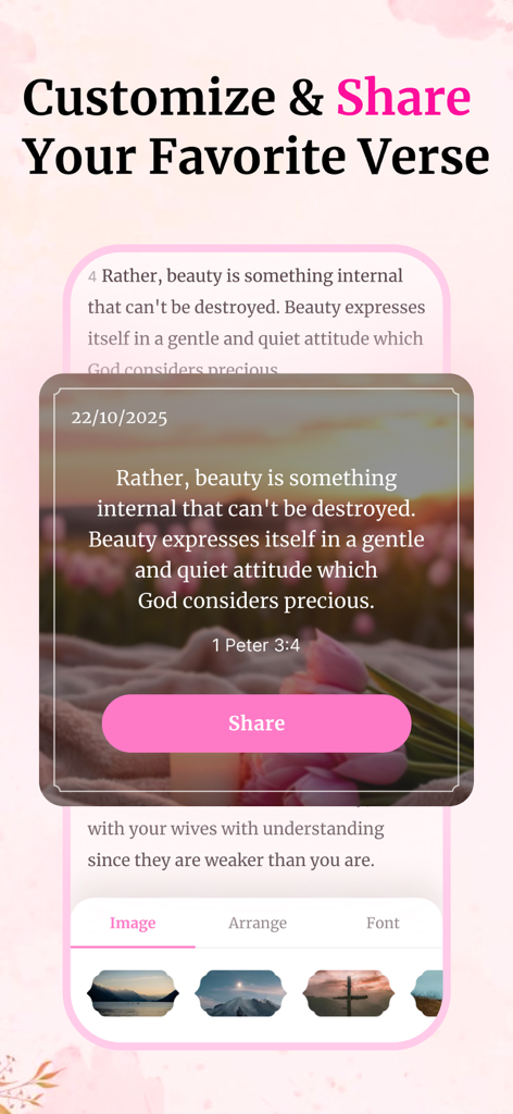 Bible For Women. - Interface of the Bible For Women app showing options to customize a Bible verse with aesthetic backgrounds and fonts for social sharing