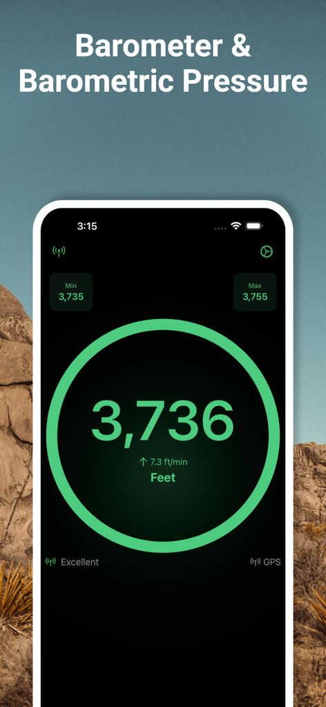 GPS Altimeter & Barometer - Interface of the GPS Altimeter and Barometer app showing a large digital display of 3736 feet elevation with vertical speed tracking.
