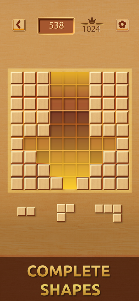 Gemdoku: Wood Block Puzzle - Una pantalla de juego móvil de Gemdoku que muestra una cuadrícula de madera de 9x9 con bloques formando una forma de flecha y piezas de rompecabezas en la parte inferior.