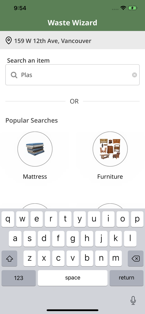 VanCollect app Waste Wizard screen with search bar for recycling and disposal information