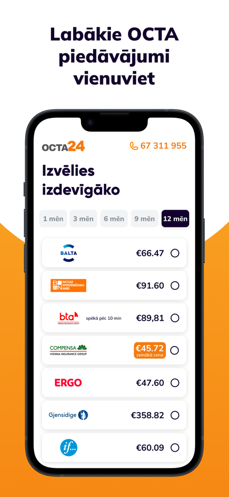 Octa24 mobile app screen displaying a comparison of mandatory car insurance policy prices from multiple providers in Latvia