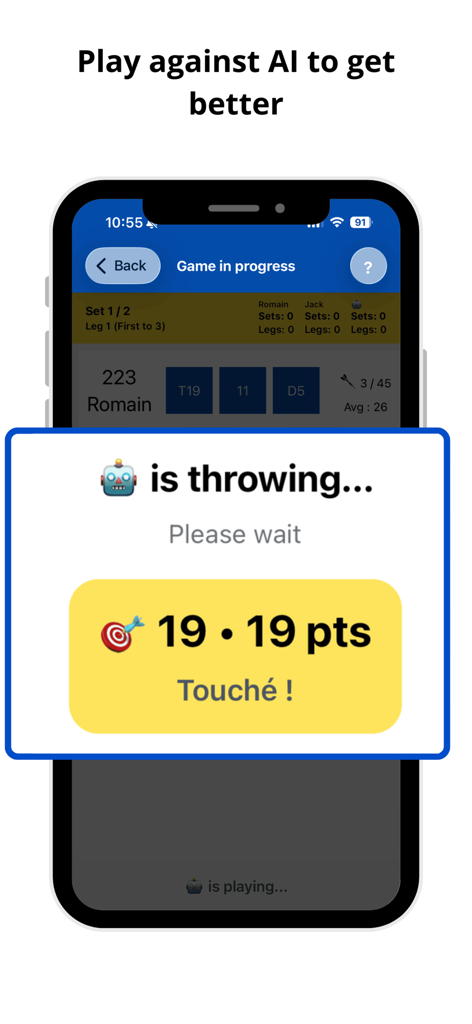 Dart Scorekeeper: Scoreboard - dart scorekeeper app screen showing game in progress against an AI opponent