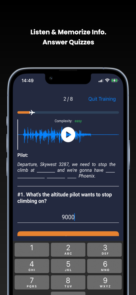 Un écran de quiz interactif dans l'application Captain Speaking pour pratiquer les communications du contrôle aérien.