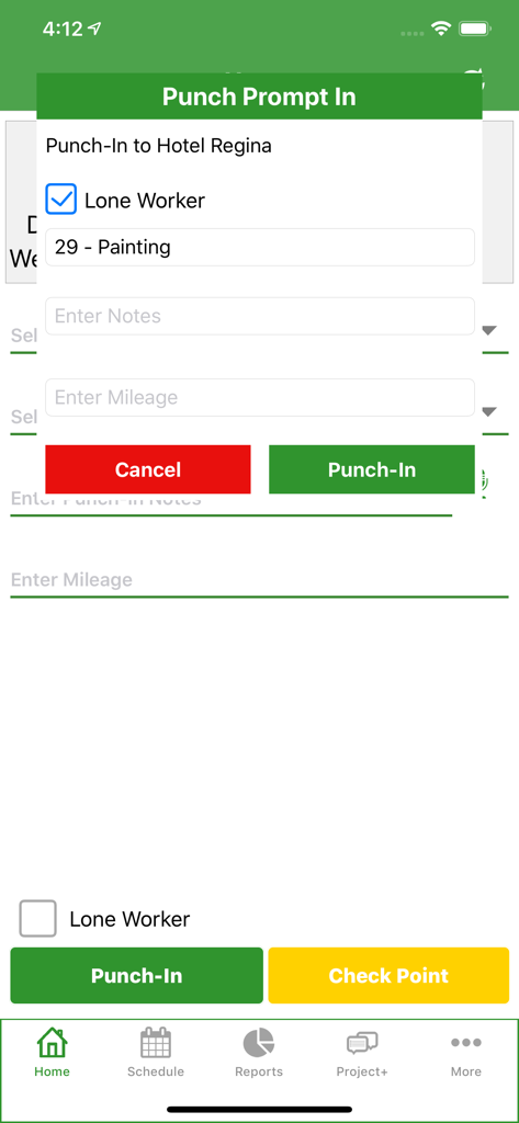 Timesheet Mobile app interface showing a punch in prompt for a painting job with lone worker option