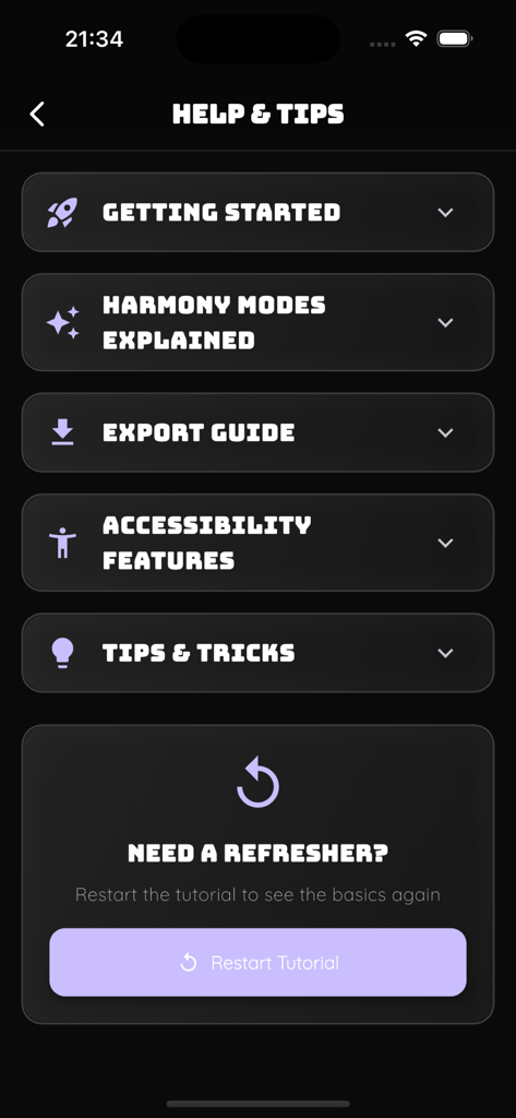 Colors by Lumina - Help and tips screen with tutorial guides for color theory and app features