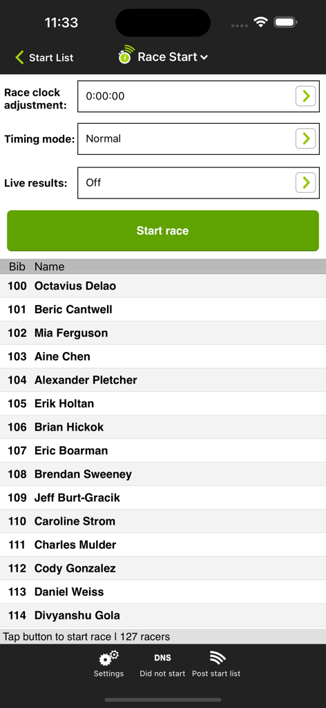 Webscorer Race Timer - Webscorer app interface showing the race start screen with participant list and timing settings