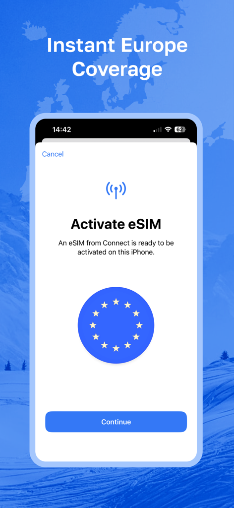 Alps2Alps App eSIM-Aktivierungsbildschirm für europäische Abdeckung
