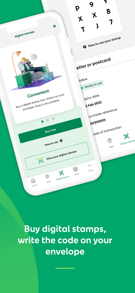 An Post: Track & Manage - Interface of An Post app showing digital stamp purchase and usage instructions