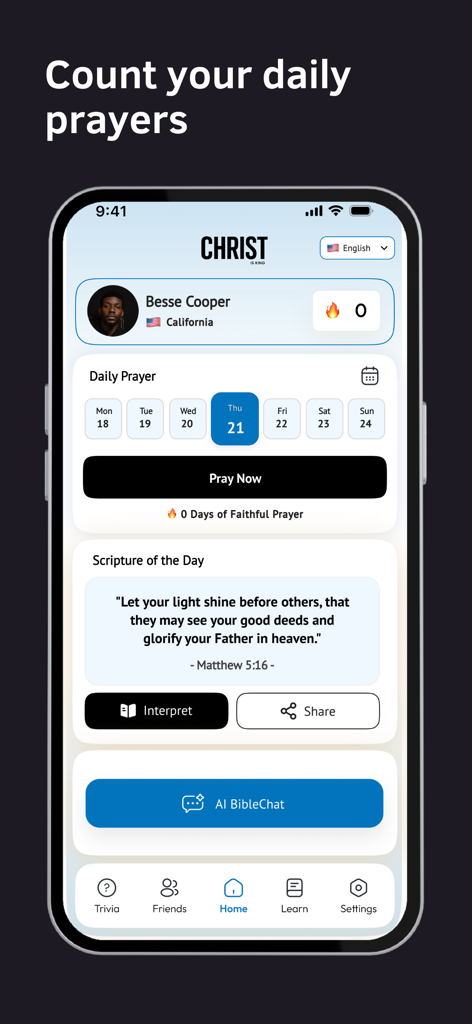Christ is King - Home screen of the Christ is King app showing a daily prayer tracker scripture of the day and AI Bible chat feature