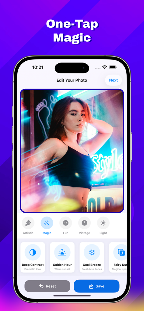 AI PhotoShot Magic - Pantalla de smartphone mostrando la app AI PhotoShot Magic con un retrato y una variedad de filtros de un solo toque como Hora Dorada y Brisa Fresca.
