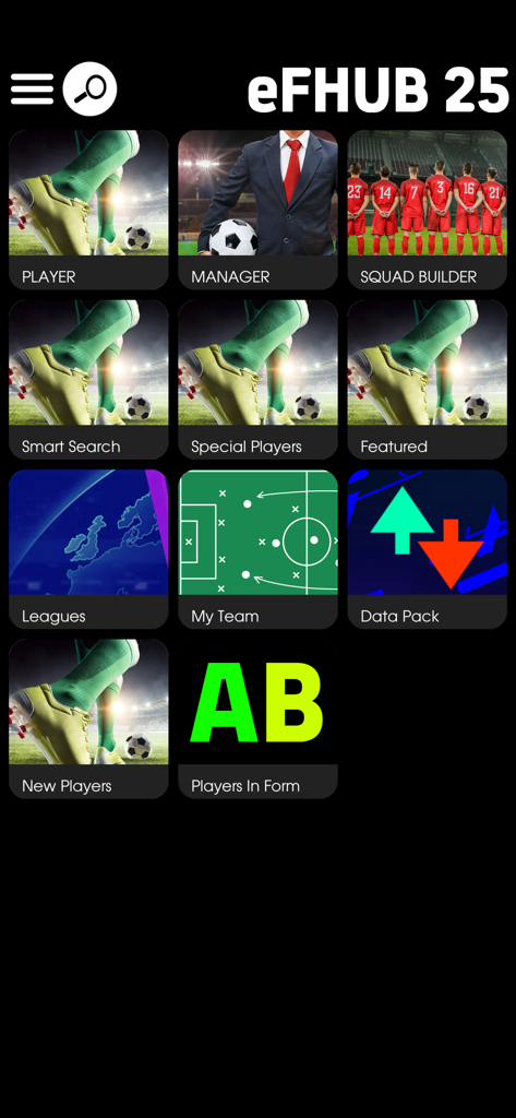eFHUB 26 - Dashboard of the eFHUB 25 companion app showing main features like Player Database, Squad Builder, and Manager search.