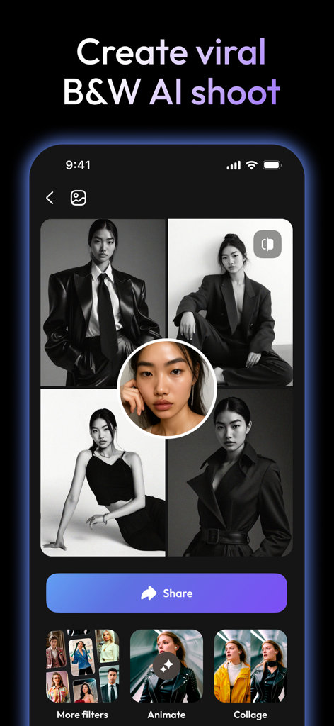 Mobile app interface showing black and white AI generated fashion photoshoot results