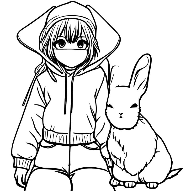 manga girl with hoodie, jean shorts and has a bunny mask on
