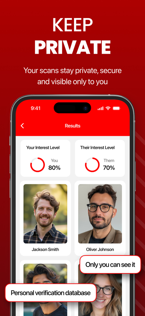 CheaterBuster - AI Checker - CheaterBuster App-Bildschirm zeigt private Interessenanalyse und Profilsuchergebnisse für Jackson Smith und Oliver Johnson.