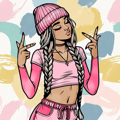 realistic teenage girl with braids and a beanie and crop top doing 🫶🏼
