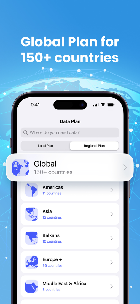 Mobile app screen displaying regional and global data plans for over 150 countries