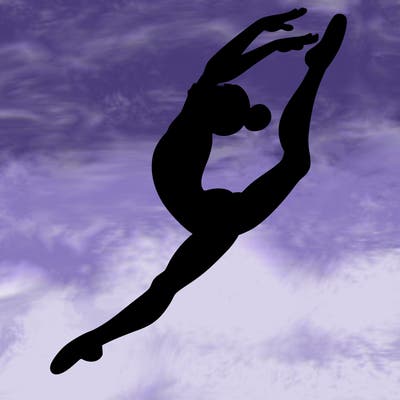 gymnast doing a leap in a leotard with a bent back leg