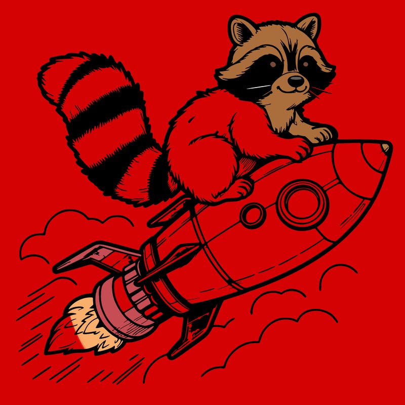 realistic raccoon flying on top rocket ship