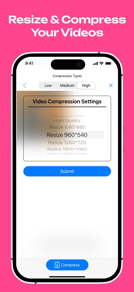 Photo & Video Compressor App - Interface showing video compression settings and resolution resize options
