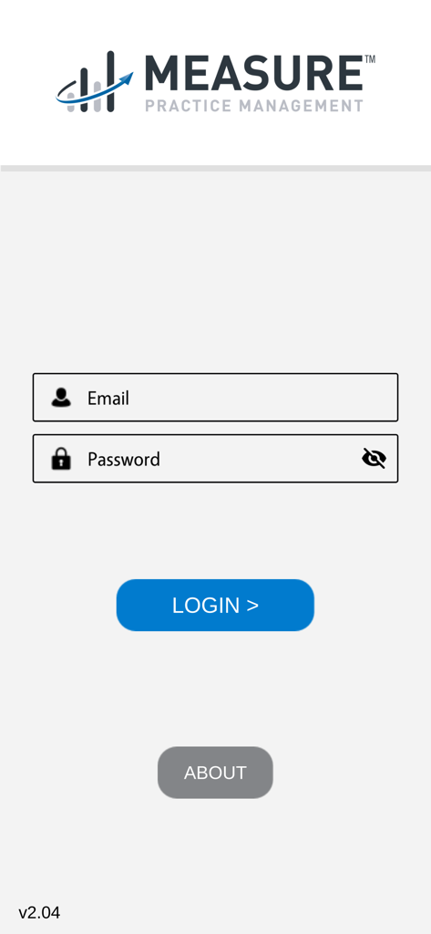 Pantalla de inicio de sesión de la aplicación móvil MeasurePM para la gestión de prácticas ABA que muestra campos de correo electrónico y contraseña.