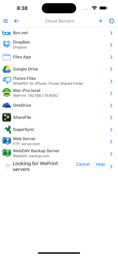 WritePDF for iPhoneのクラウドサーバー統合リスト。Dropbox、Google Drive、OneDriveが表示されています。