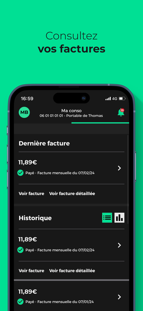 RED & Moi - 請求書管理および請求書履歴画面を表示するRED & Moiモバイルアプリのスクリーンショット