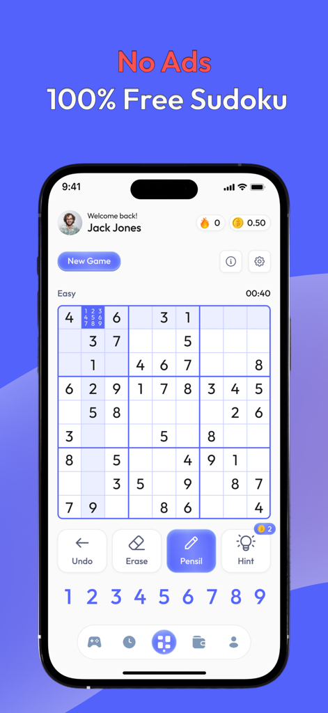 Gameplay screen of Sudoku Cash featuring a classic puzzle with no ads and a play to earn system.