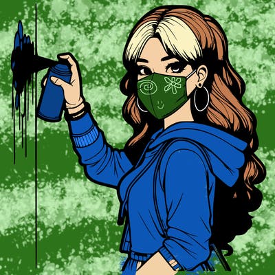 realistic girl with mask spray painting a wall