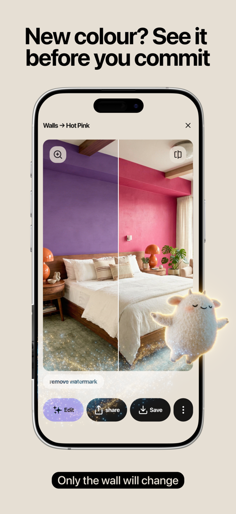 Happy Space - AI Home Design - A split-screen view showing a bedroom wall color being changed from purple to hot pink using AI.