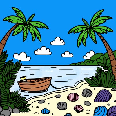 tropical beach – a relaxing shoreline with palm trees, seashells, and a small boat floating nearby.