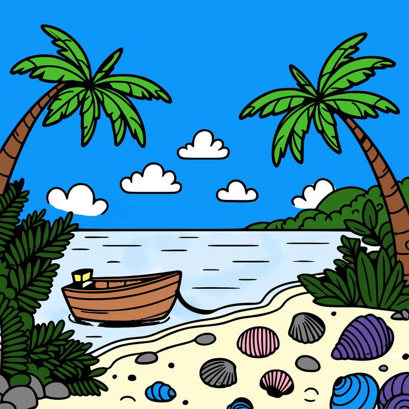 tropical beach – a relaxing shoreline with palm trees, seashells, and a small boat floating nearby.