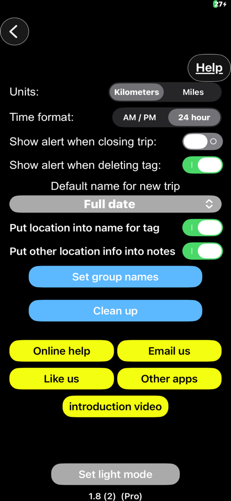 Track My Trip app settings screen for travel logging and distance units