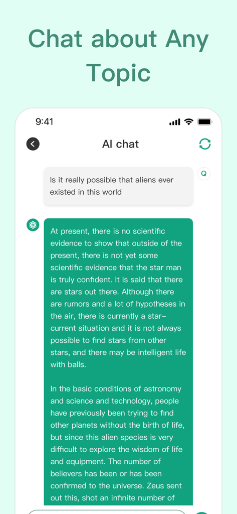 AI Chatbot Assistant - AI Bot - Interface AI Chatbot Assistant montrant un chat mobile sur n'importe quel sujet