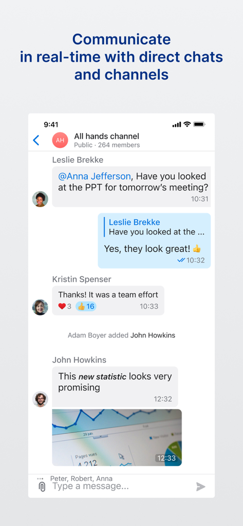 UNIVERGE BLUE™ CONNECT - A mobile interface showing the team chat and channel feature of the UNIVERGE BLUE CONNECT app.