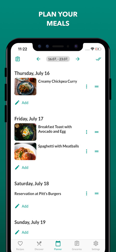 körbchen | Recipe Manager - körbchenレシピマネージャーアプリの週刊ミールプランナーインターフェースにレシピのスケジュールが表示されています