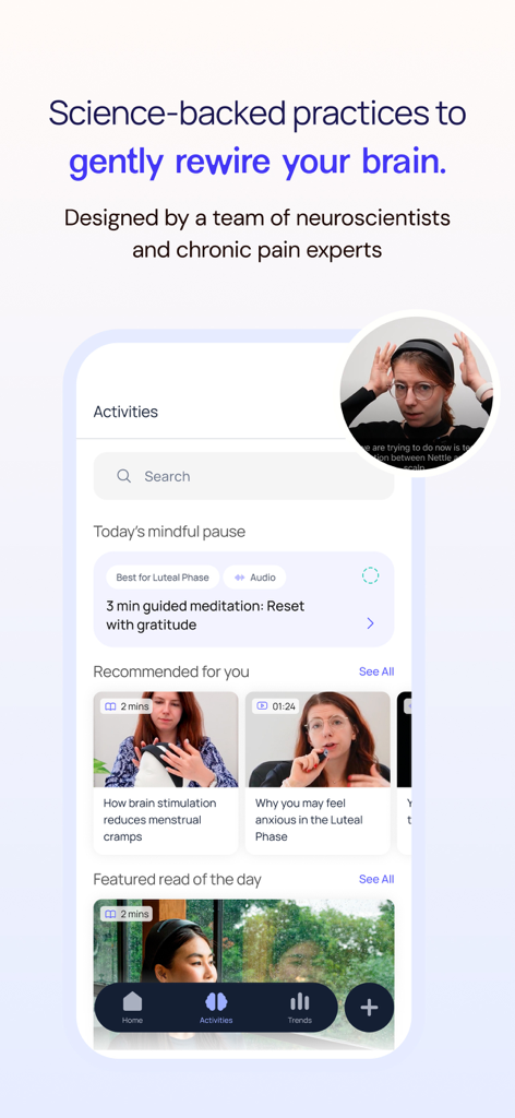 Samphire - Activities screen of the Samphire app showing neuroscience based health practices and guided meditations for menstrual cycle support
