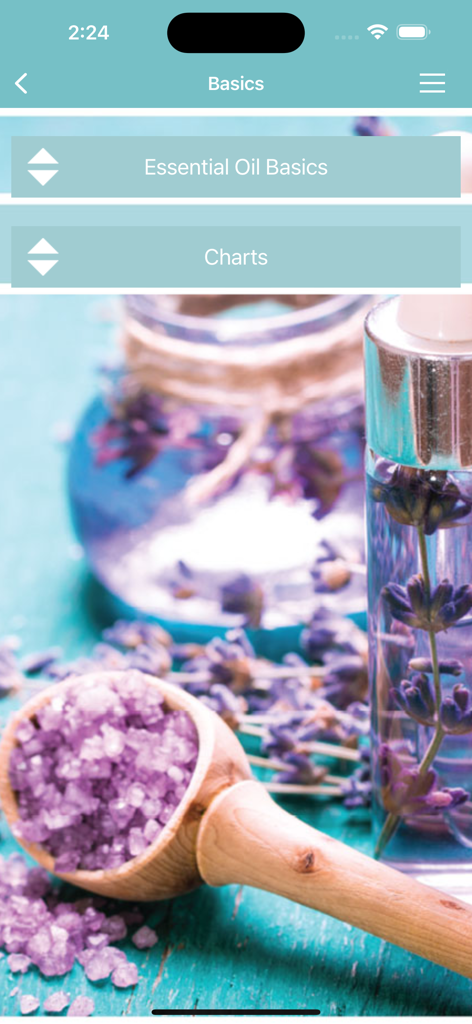 Ref Guide for Essential Oils - Essential Oil Reference Guide app showing the Basics and Charts navigation menu