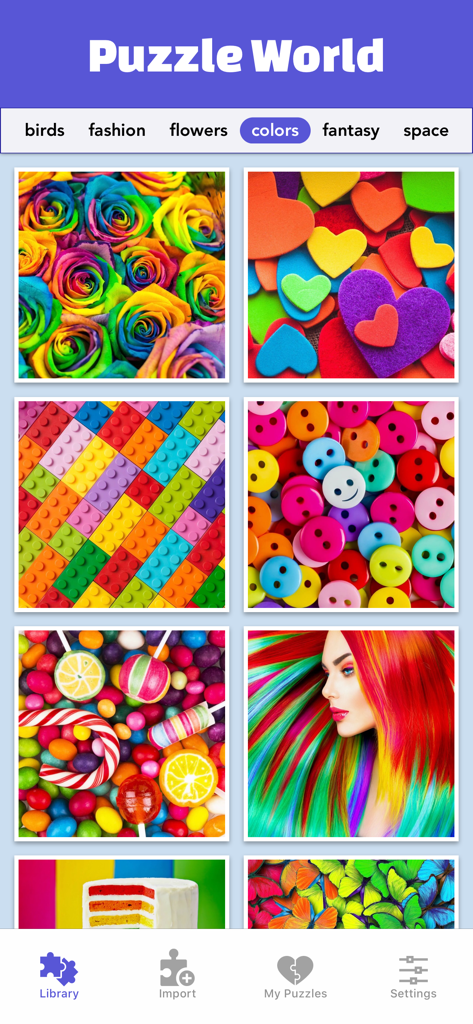 Un menú de puzles coloridos en la aplicación Puzzle World que incluye flores, corazones y dulces.