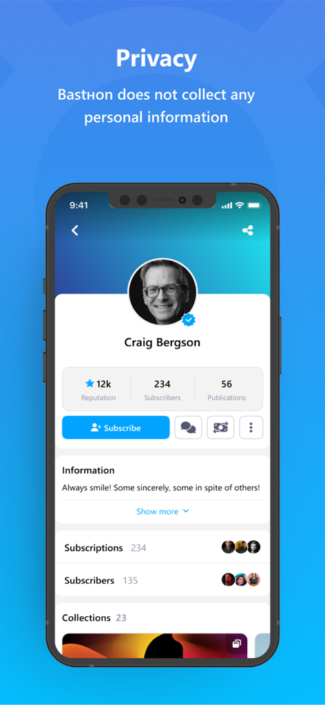 Bastyon - Screenshot of the Bastyon app showing a user profile and a message about data privacy