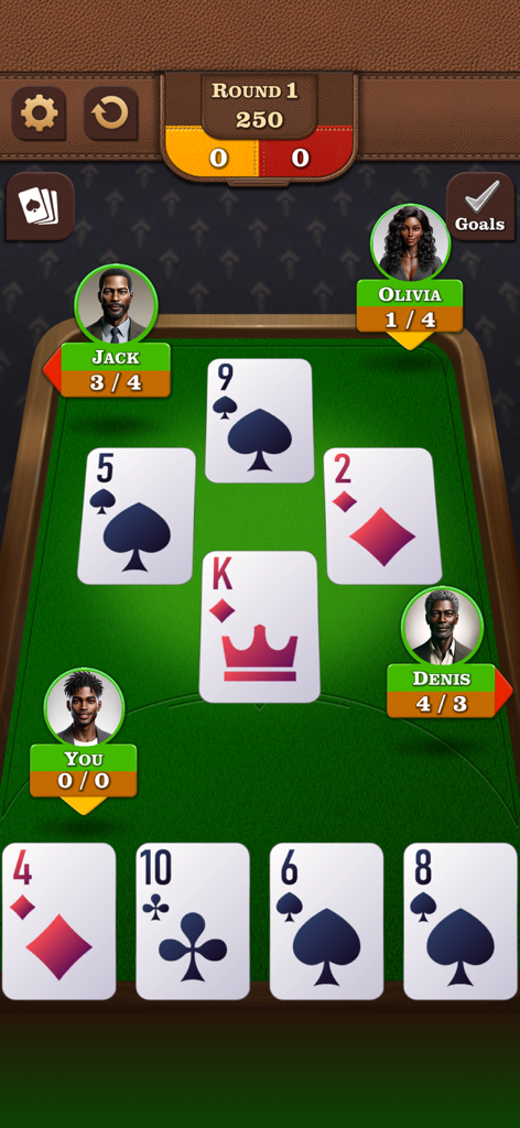 Gameplay screenshot of Spades classic card game showing four players and bidding scores on a virtual green felt table