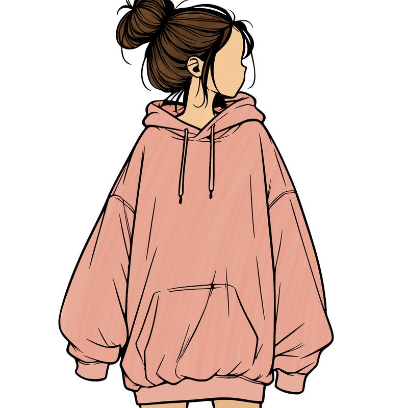 realistic girl with a oversized sweatshirt on and a bun