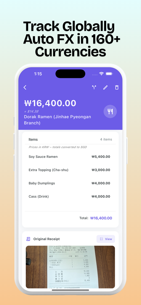 Expense Easy: AI Money Tracker - Expense Easy app interface showing a Korean ramen receipt automatically converted from Won to US Dollars with an itemized breakdown.