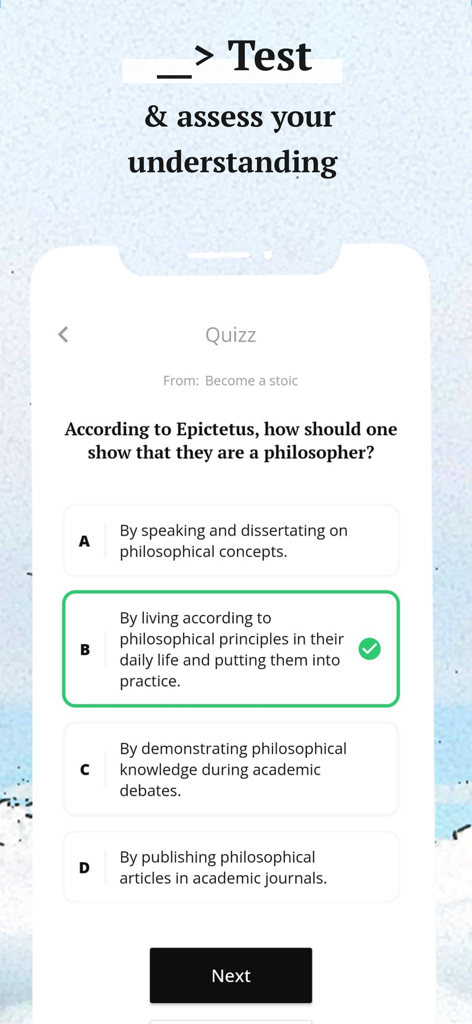 mmmarcus: a stoic mindset - A quiz screen about Epictetus in the mmmarcus stoic mindset app