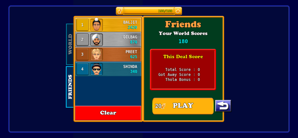 Card Game Bhabhi Get Away - Leaderboard screen of the Bhabhi Get Away card game featuring world and friend rankings with Punjabi character avatars