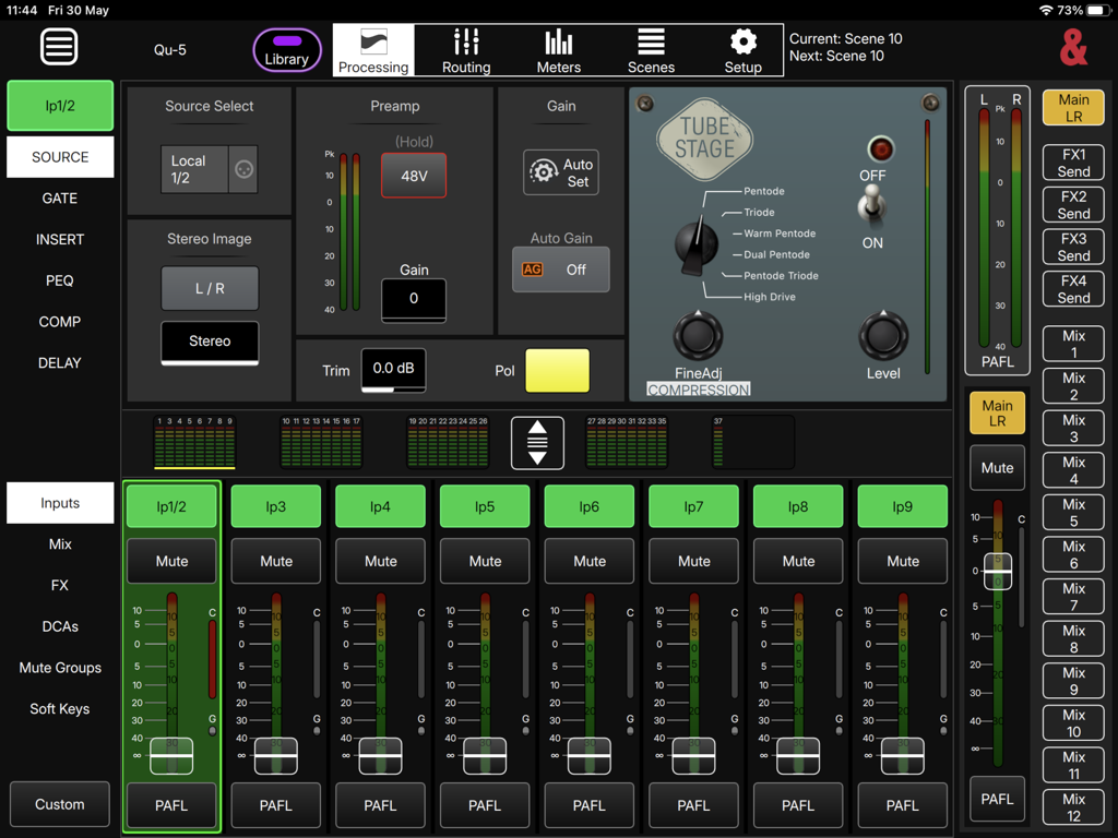 Interface of the Qu MixPad app for iPad showing channel processing controls including preamp and compression settings for digital mixers.