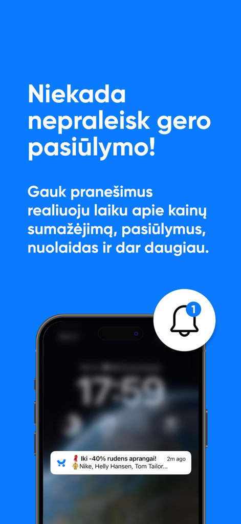Pigu.lt - mobilioji parduotuvė - Smartphone showing a real-time sale notification from the Pigu.lt shopping app