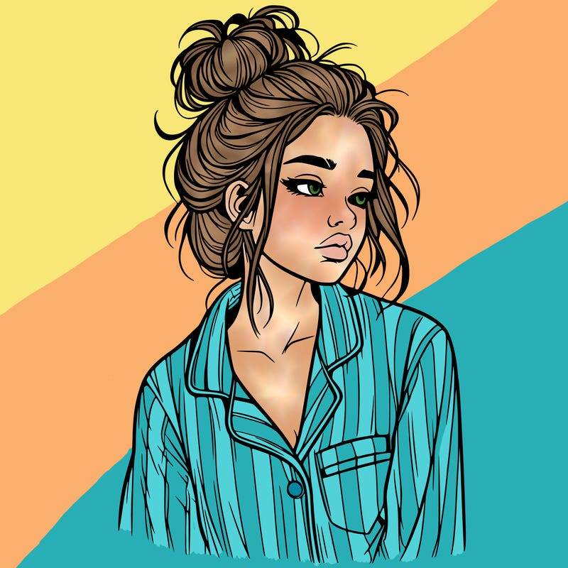 realistic woman with pajamas on and a messy bun
